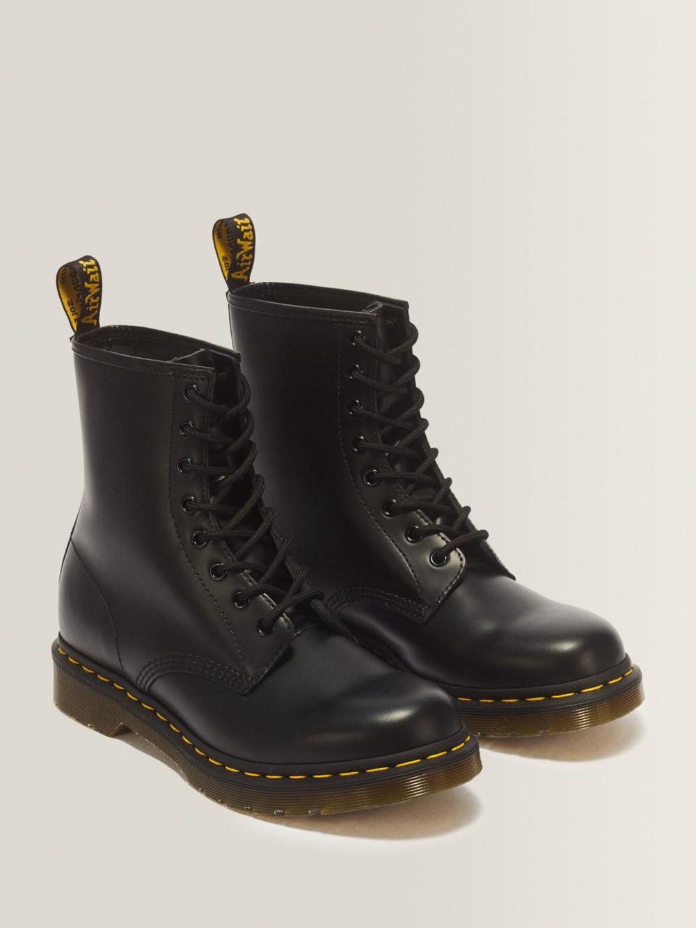 Dr. Martens Black Leather 8-Eye Lace-Up Boots with Yellow Stitching